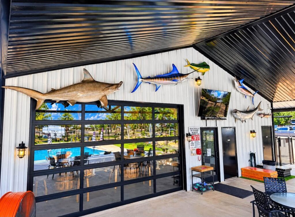 Covered patio overlooking the pool at Magnolia RV Resort