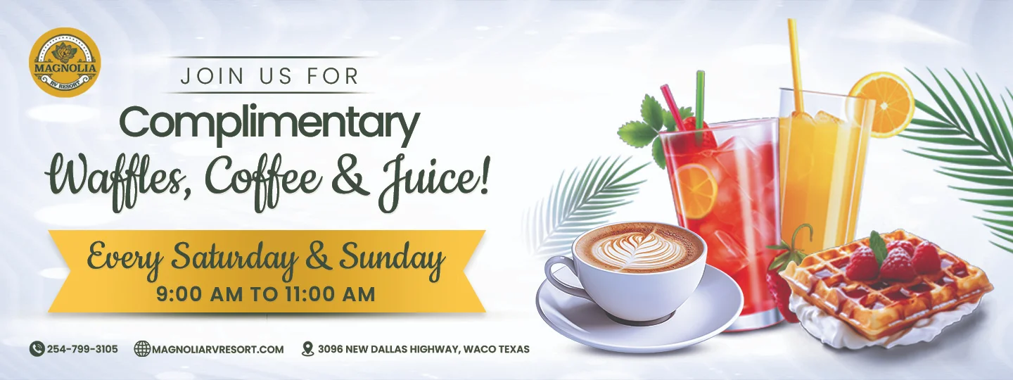 Complimentary waffles, coffee and juice at Magnolia RV Resort