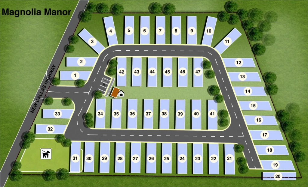 Magnolia Manor site map with numbered RV sites