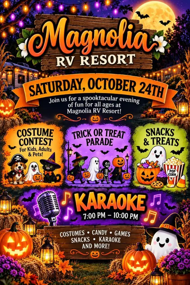 Magnolia RV Resort Halloween party flyer, Saturday October 24: costume contest, trick or treat parade, snacks and treats, karaoke 7 to 10 PM