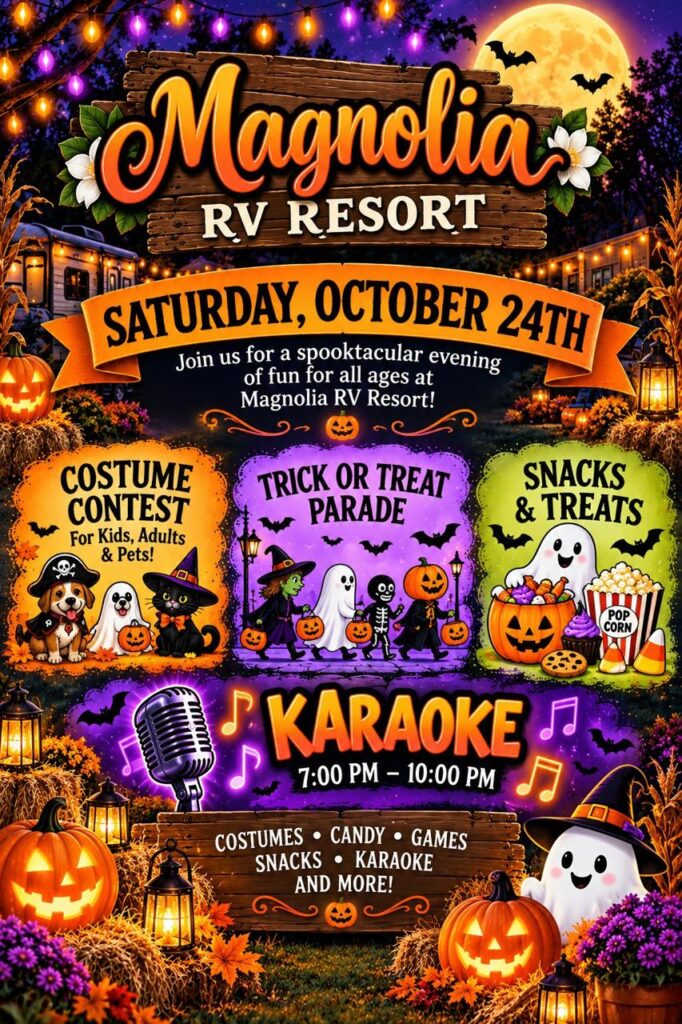 Magnolia RV Resort Halloween party flyer, Saturday October 24: costume contest, trick or treat parade, snacks and treats, karaoke 7 to 10 PM