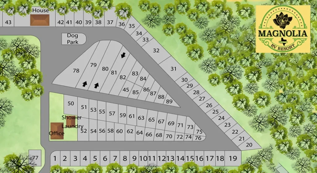 Map of the new side of Magnolia RV Resort with numbered sites, office, shower and laundry building, and dog park
