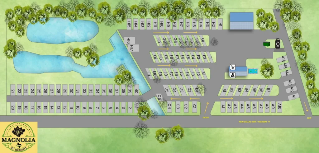 Magnolia RV Resort park map showing the RV sites, ponds and office