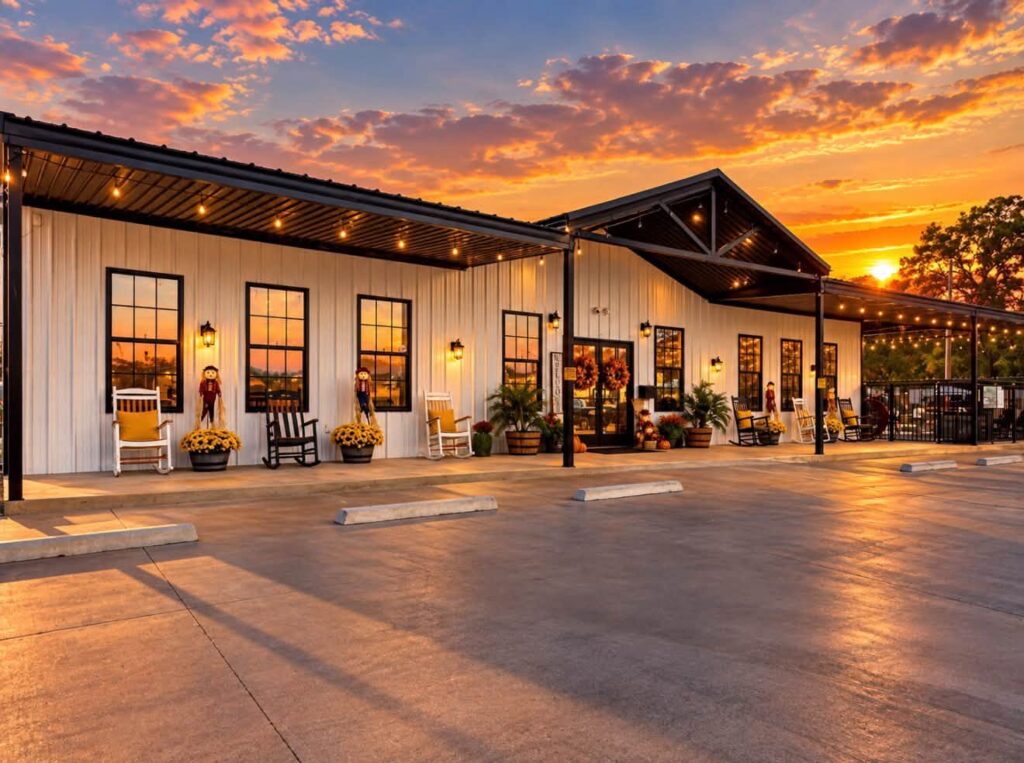 Main building at sunset at Magnolia RV Resort in Waco, Texas