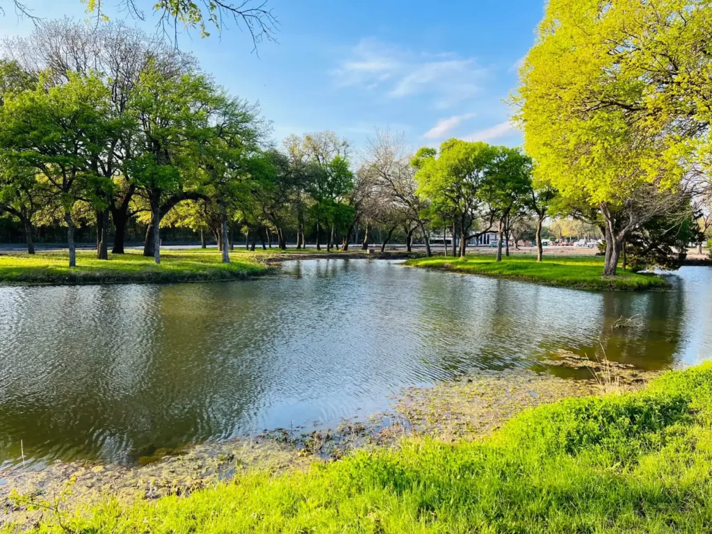 Pond and shade trees at Magnolia RV Resort in Waco, Texas